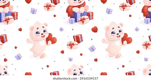 Seamless pattern with happy polar bears with gift boxes and heart on white background. Vector illustration in cartoon style. Holiday Valentine backdrop
