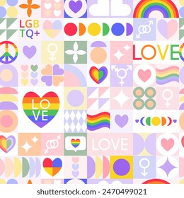 Seamless pattern for Happy Pride Month. Modern design in bauhaus style. Minimalist icon with symbol of love, rainbow, gender and geometric shapes. For cover, background, wallpaper, textile, packaging.