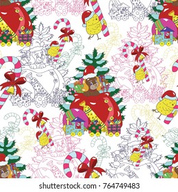 Seamless pattern with happy puppy in Santa bag with gifts and chicken with candy on white. Christmas and New Year background for greeting cards, posters, invitations