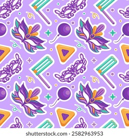 seamless pattern Happy Purim, featuring playful elements like Haman s ears, hamentashen, festive masks, and colorful balloons. Perfect for capturing the spirit of joy and festivity during the holiday.