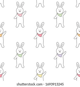 Seamless pattern with happy rabbit with a neck scarf. Drawn cute white rabbit on white. Vector illustration.