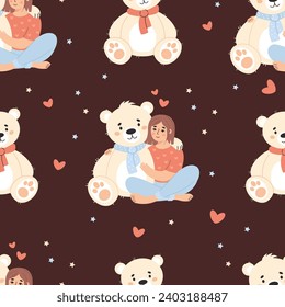 Seamless pattern with happy romantic enamored woman hugging white teddy bear toy. Vector illustration in flat style. Festive valentine design