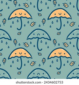 Seamless pattern with happy and sad doodle umbrellas and leaves. Perfect autumn design for paper, textile and fabric. Hand drawn vector illustration.


