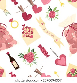 Seamless pattern for happy Saint Valentines day. Bag with pink glazed cookies, chocolate candies, rose flowers bouquets, buttonhole rose. Hand drawn vector illustration in flat style