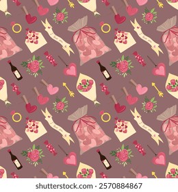 Seamless pattern for happy Saint Valentines day. Bag with pink glazed cookies, chocolate candies, rose flowers bouquets, buttonhole rose. Hand drawn vector illustration in flat style