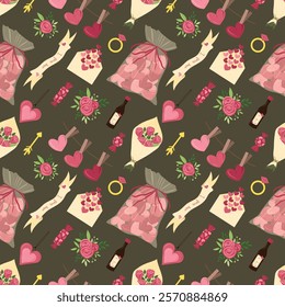 Seamless pattern for happy Saint Valentines day. Bag with pink glazed cookies, chocolate candies, rose flowers bouquets, buttonhole rose. Hand drawn vector illustration in flat style