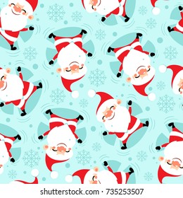 Seamless pattern from Happy Santa Claus makes snow angel on snowy background. Vector christmas background