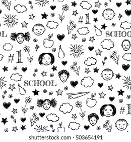 Seamless pattern with happy school children, flowers, sun, stars. Vector background. Doodle drawing.