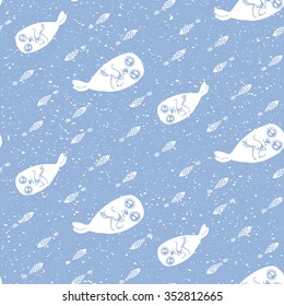 Seamless pattern with happy seals and fish