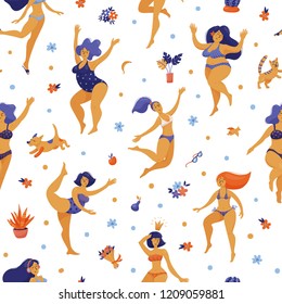 Seamless pattern with happy slim and plus size women in bikini, swimming suits dancing, flat vector illustration on white background. Body positive, girl power seamless pattern with dancing women