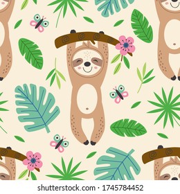 seamless pattern with happy sloth hanging on a branch
 -  vector illustration, eps