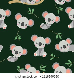 Seamless pattern with happy smiling koala bear baby and eucalyptus branches. Simple flat illustration. Cartoon style. Cute and funny. For kids bed linen. For wallpaper, textile and wrapping paper.