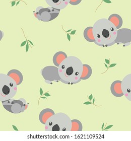 Seamless pattern with happy smiling koala bear baby and eucalyptus branches. Simple flat illustration. Cartoon style. Cute and funny. For kids bed linen. For wallpaper, textile and wrapping paper.