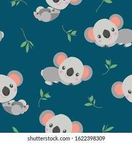 Seamless pattern with happy smiling koala bear baby and eucalyptus branches. Simple flat illustration. Cartoon style. Cute and funny. For kids bed linen. For wallpaper, textile and wrapping paper.