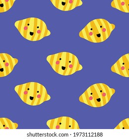 Seamless pattern with happy smiling lemons on blue. Repeating Kawaii background for kids. Wrapping, scrapbook paper with cartoon fruit, nursery pattern. Healthy fruit children Illustration.