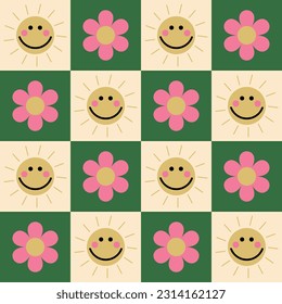 Seamless pattern happy smiling sun and pink flowers on a green and yellow checkerboard background. Retro groovy pattern with suns and flowers. Cute colorful trendy vector illustration in style 70s,80s