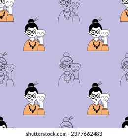 Seamless pattern with Happy smiling and unhappy sad woman with mask emotion on purple background. Vector illustration. Outline, hand drawn doodle style