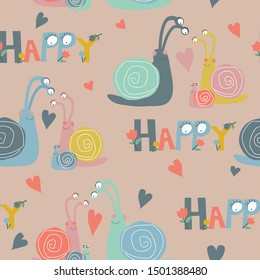  Seamless pattern with the happy snails family. Children print.  family. Children print. 