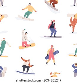 Seamless pattern with happy snowboarders on white background. Endless texture with different people riding snowboards in winter. Repeating design with human on boards. Colored flat vector illustration