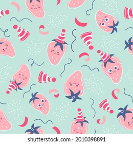 Seamless pattern with happy strawberries, fruit. Serpentine, confetti  and holidays hat, cap isolated on green. Vector illustration. Print for packaging, fabrics, wallpapers, textiles.