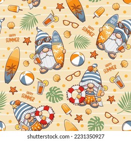 Seamless Pattern Happy Summer With Gnome. Cute Cartoon Illustration