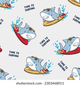 Seamless Pattern Happy Summer With Surfing Shark, Cute Cartoon Illustration