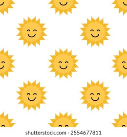 Seamless pattern, happy sun. Cartoon cute sun character. Smiling summer sunshine. Vector illustration