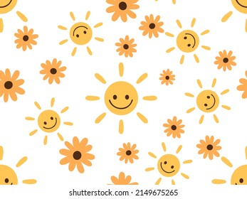 Seamless pattern with happy sun cartoons and orange flower on white background vector illustration. Cute nursery wallpaper print. 