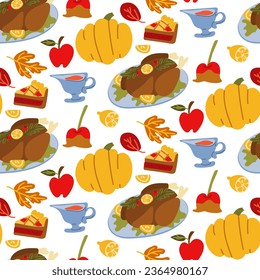 Seamless pattern happy Thanksgiving with festive items in a flat style. Hand-drawn background with pumpkin, turkey, pie, caramel apples, leaves. Vector illustration for design fabric or wrapping paper