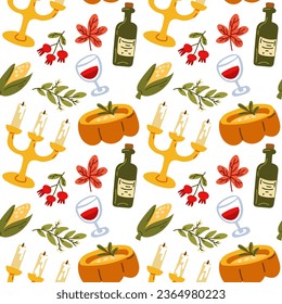 Seamless pattern happy Thanksgiving with festive items in a flat style. Hand-drawn background with pumpkin soup, wine, corn, candles, leaves. Vector illustration for design, fabric or wrapping paper