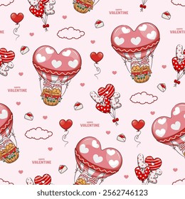 Seamless Pattern Happy Valentine With Couple Gnome And Heart Balloon, Cute Cartoon Illustration