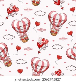 Seamless Pattern Happy Valentine Day With Couple Gnome And Heart Balloon, Cute Cartoon Illustration