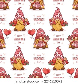 Seamless Pattern Happy Valentine With Gnomes, Cute Cartoon Illustration