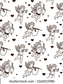 Seamless Pattern for happy valentine's day with cupids. Hand Drawn Illustration. Valentine's Day.