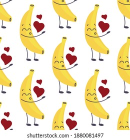 The seamless pattern for Happy Valentine's Day. This print is a banana blowing air kisses. The kawaii fruit is a vector illustration. The texture is in trendy yellow and gray colors