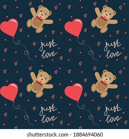 Seamless pattern of Happy Valentines Day. Cute teddy bear with Heart shaped balloon. Vector illustration.