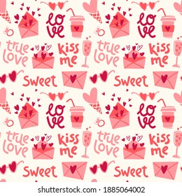 Seamless pattern for Happy Valentine's Day celebration with holiday symbols. Trendy hand drawn flat style background. Vector illustration.