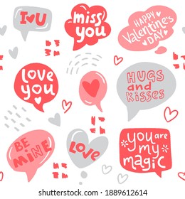 Seamless pattern for Happy Valentine's Day celebration with holiday symbols and hand written lettering. Trendy hand drawn flat style background. Vector illustration.