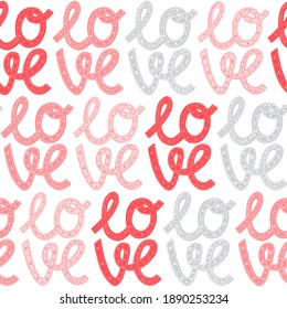 Seamless pattern for Happy Valentine's Day celebration with holiday symbols and hand written lettering. Trendy hand drawn flat style background. Vector illustration.