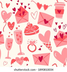 Seamless pattern for Happy Valentine's Day celebration with holiday symbols. Trendy hand drawn flat style background. Vector illustration.