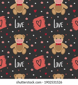Patrón sin foco de Feliz Día de San Valentín. Oso de peluche con máscara médica. Nuevo normal. Detener Covid-19. Ilustración vectorial.