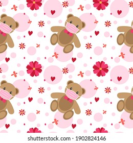 Seamless pattern of Happy Valentines Day. Cute teddy bear in a medical mask. New normal. Stop Covid-19. Vector illustration isolated on white background