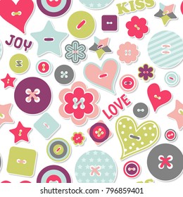 Seamless pattern happy Valentine's day love. Holiday background with colorful buttons and words Love, Kiss, Joy. Romantic background for February 14, mother day, birthday.