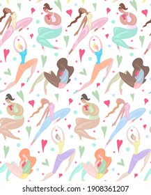 Seamless pattern of happy various sports girl jumping and exercises. Body positivity, confidence and self acceptance. The power of women and feminism. Delicate vector texture for wallpaper, fabric