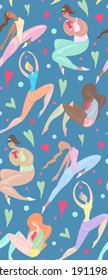 Seamless pattern of happy various sports girl jumping and exercises on blue background. Body positivity, confidence and self acceptance. The power of women and feminism. Delicate vector texture