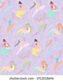 Seamless pattern of happy various sports girl jumping, exercises on plants and hearts lilac background. Body positivity and confidence. Feminism and eco lifystile. Delicate vector texture