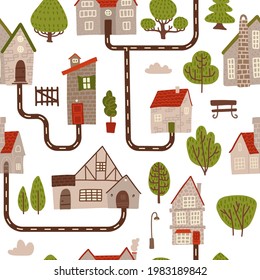 Seamless pattern with happy village retro stone houses and roads. Summer banner background. Flat vector illustration.