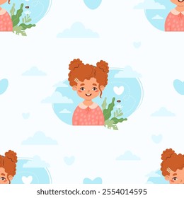 Seamless pattern with happy white curly girl on white background with clouds. Mental health of child, care, wellness, beneficial effects of environment. Vector illustration. Kids collection.