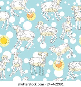 Seamless pattern with happy white sheep, sun and snow, hand drawn illustrations of animals over a blue background with white round shapes