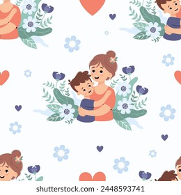 Seamless pattern with happy woman mom with son on background with flowers. Vector illustration in flat cartoon style. Mothers holiday confession.